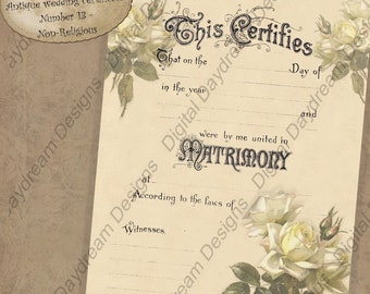 Shower Gift Printable Wedding Marriage Certificate  Instant Download No 13 Non-Religious White Roses DIY Wedding Digital Download Victorian