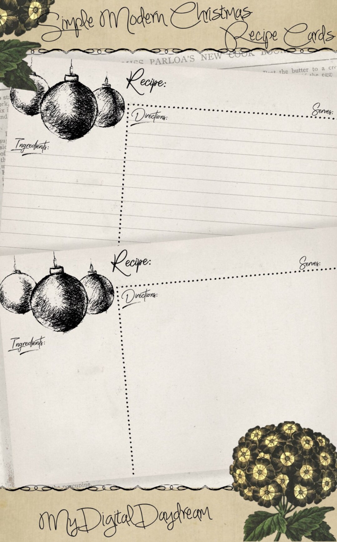 4x6 Holiday Printable Simple Modern Christmas Recipe Card Notecard Gift