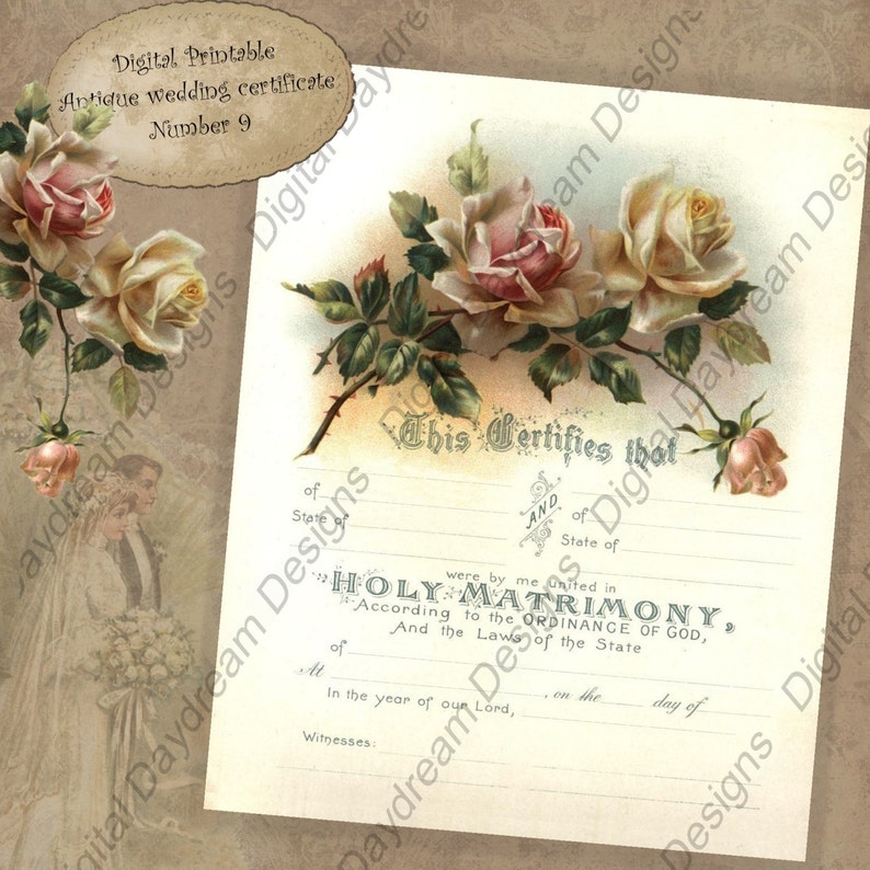 Puede incluir: Un certificado de boda antiguo imprimible con un dise&ntilde;o floral con rosas blancas y rosas. El texto "This Certifies that" est&aacute; impreso en el certificado. El certificado est&aacute; numerado 9.