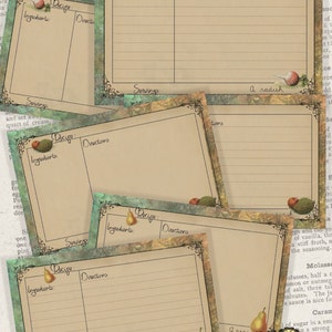 May include: Five vintage recipe cards with a green and brown watercolor background. Each card has a space for the recipe name, ingredients, directions, and servings. The cards are decorated with illustrations of a pear, a radish, and a melon.