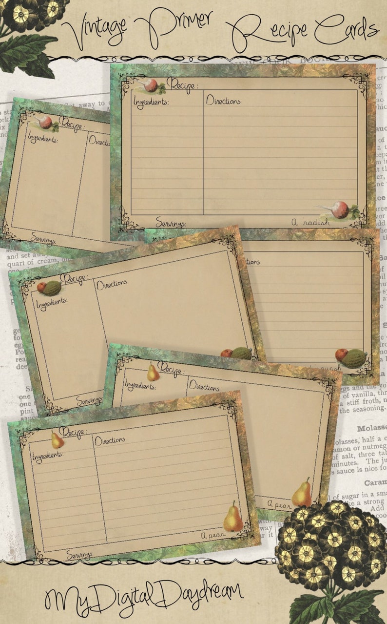 May include: Five vintage recipe cards with a green and brown watercolor background. Each card has a space for the recipe name, ingredients, directions, and servings. The cards are decorated with illustrations of a pear, a radish, and a melon.