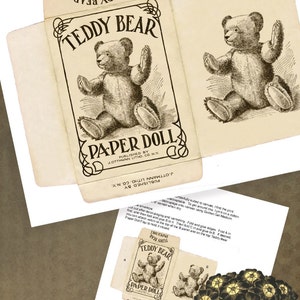 Peut inclure: Mod&egrave;le de poup&eacute;e en papier vintage Teddy Bear. L'image montre une illustration en noir et blanc d'un ours en peluche avec le texte "Teddy Bear Paper Doll" imprim&eacute; sur le devant de la bo&icirc;te de la poup&eacute;e.