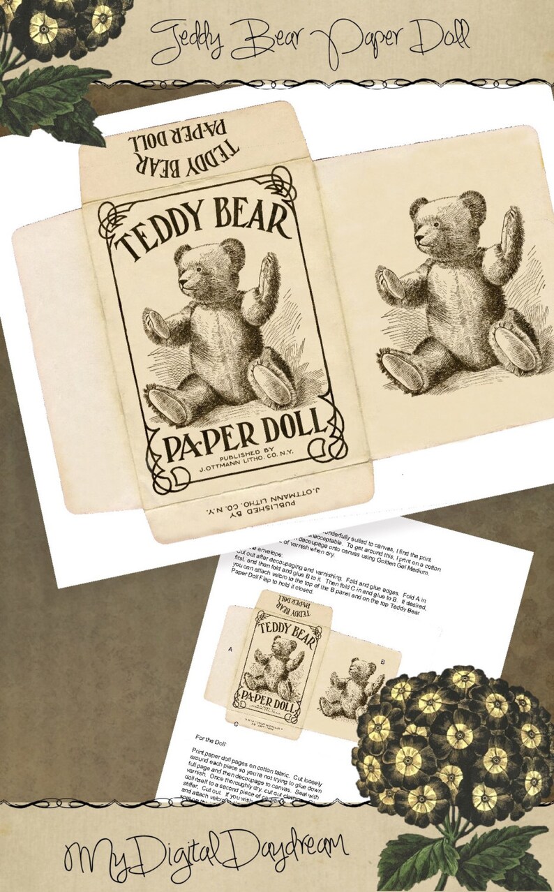 Peut inclure: Mod&egrave;le de poup&eacute;e en papier vintage Teddy Bear. L'image montre une illustration en noir et blanc d'un ours en peluche avec le texte "Teddy Bear Paper Doll" imprim&eacute; sur le devant de la bo&icirc;te de la poup&eacute;e.