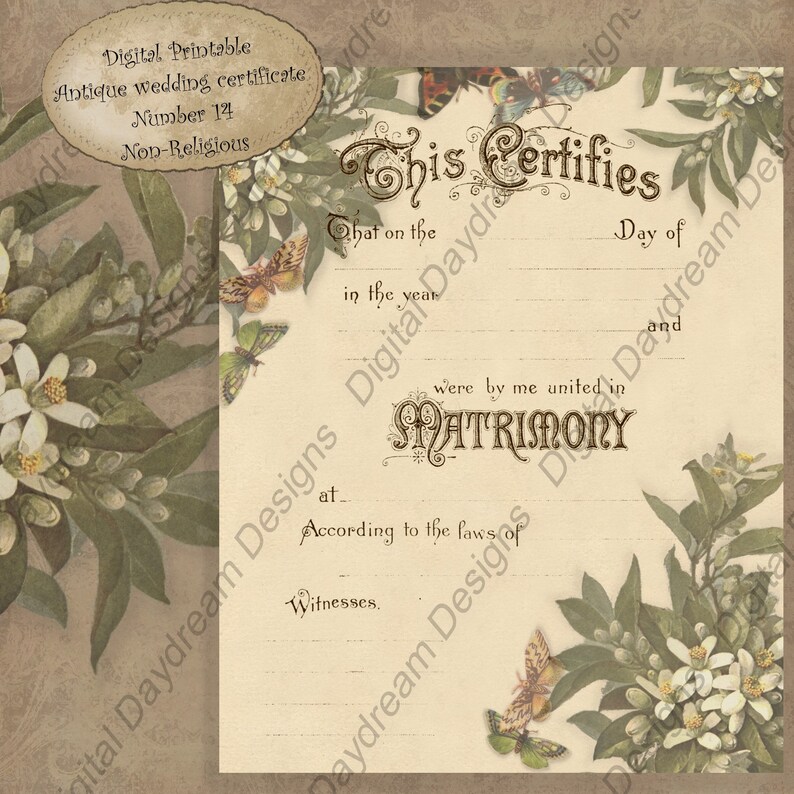 Printable Wedding Certificate Marriage Certificate Instant Download No 14 Summer Wedding Floral Butterflies Victorian Wedding Non-religious image 3