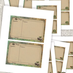 May include: Vintage recipe cards with a green and brown watercolor background. The cards have a space for the recipe name, ingredients, directions, and servings. The cards are decorated with a small illustration of a beet.