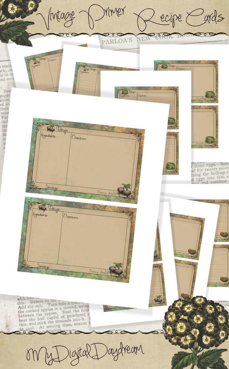 May include: Vintage recipe cards with a green and brown watercolor background. The cards have a space for the recipe name, ingredients, directions, and servings. The cards are decorated with a small illustration of a beet.