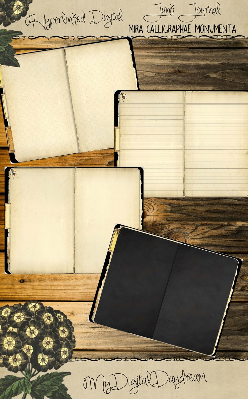 K&ouml;nnte beinhalten: Eine Sammlung offener Journale mit gealterten Papierseiten, einige liniert und einige gepunktet, auf einem Holzgrund. Die Journale haben schwarze Einb&auml;nde und goldene Akzente. Text enth&auml;lt "Hyperlinked Digital Junk Journal" und "Mira Calligraphae Monumenta".