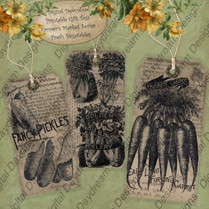 Tag Set instant Download Digital Printable Collage Sheet Gift or Scrapbook Journaling Tag Set - Farmer&#39;s Market Fresh Vegetables