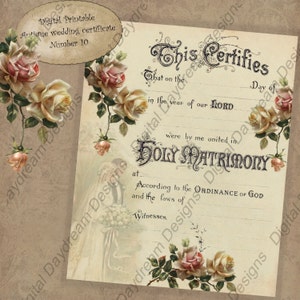 Hochzeits-Andenken Druckbare Hochzeitsurkunde Hochzeitsurkunde Instant Download No 10 Vintage Hochzeit digital DIY Hochzeitsgeschenk
