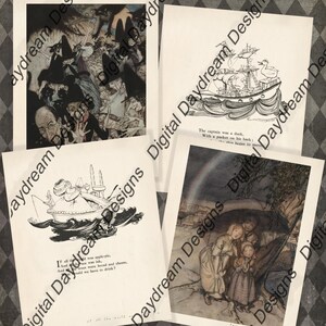 Può includere: Una collezione di quattro illustrazioni vintage di un libro per bambini. La prima immagine mostra un gruppo di persone che fuggono da una grande creatura oscura. La seconda immagine mostra un capitano anatra che naviga su una nave. La terza immagine mostra una torta che galleggia sull'acqua. La quarta immagine mostra tre bambini in piedi sotto un ombrello in un bosco.