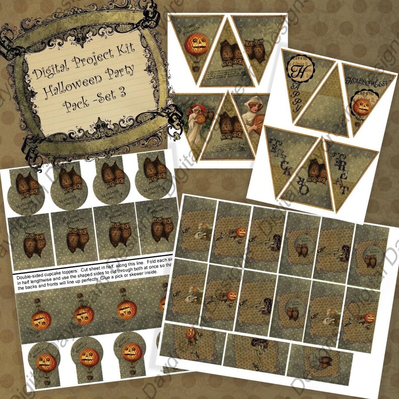 May include: A digital project kit for a Halloween party with a green and brown colour scheme. The kit includes printable cupcake toppers, pennant banners, and other decorations featuring owls, pumpkins, and the words "Trick or Treat" and "Happy Halloween".