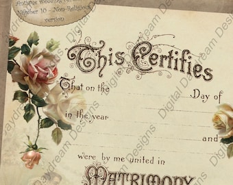 Wedding Keepsake Printable Wedding Certificate Marriage Certificate Instant Download No 10 Vintage Digital Wedding Gift Non-Religious