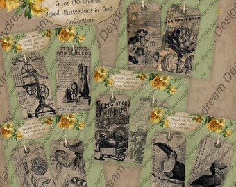 Aged Illustrations Printable Gift Tags: Victorian Style Scrapbook Journal Embellishments (PDF PNG JPG)