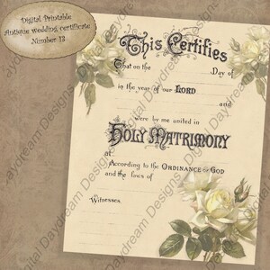 Dusche Geschenk druckbare Hochzeit Heiratsurkunde sofortiger Download Nr. 13 traditionell - weiße Rosen DIY Hochzeit digitaler Download viktorianisch