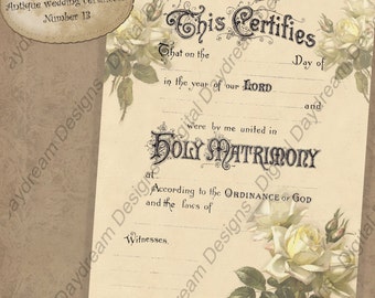 Shower Gift Printable Wedding Marriage Certificate  Instant Download No 13 Traditional - White Roses DIY Wedding Digital Download Victorian