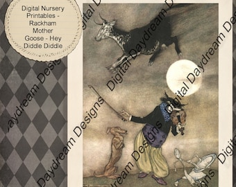 Instant Download Printable 8 x 10 Nursery Wall Decor - Arthur Rackham Nursery Rhymes Hey Diddle Diddle
