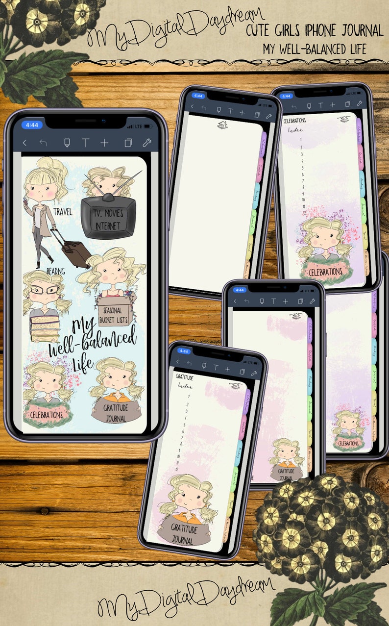 Hyperlinked Digital Tabbed Cute Girls Organizers Complete Set for iPhone, PDF, use in any notetaking app image 4