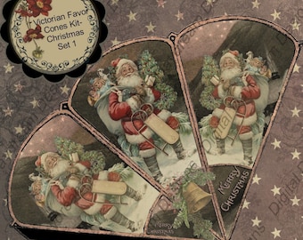 DIY Instant Download Digital Printable Christmas Victorian Favor Cone Kit Set 1 Santa