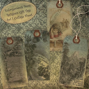 May include: A collage sheet of vintage-style gift tags with religious themes. The tags feature floral designs, a mountain scene, and a girl reading a book. The text on the tags includes verses from the Bible, such as "Let us love one another for love is of God." and "Joy, peace, longsuffering, gentleness, goodness, faith, meekness, temperance, against such there is no law."