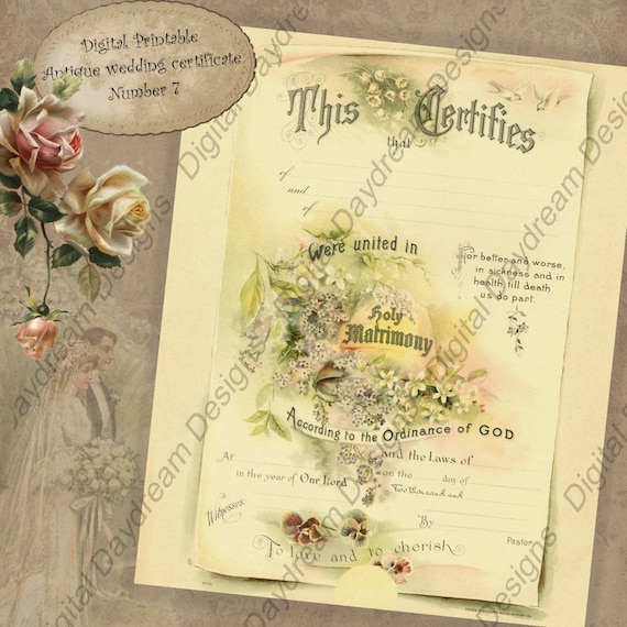 Marriage Certificate  Printable Wedding Certificate Instant Download No 7 Vintage Victorian Digital  Download DIY Wedding Shower Gift