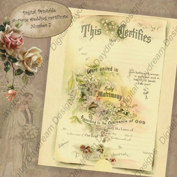 Marriage Certificate  Printable Wedding Certificate Instant Download No 7 Vintage Victorian Digital  Download DIY Wedding Shower Gift