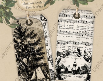 Instant Download Digital Printable Gift Tag Set - Christmas Carols in Black and White