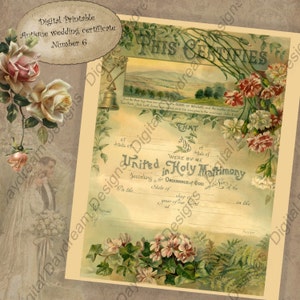 Hochzeitsandenken druckbare Hochzeitsurkunde Heiratsurkunde Sofortiger Download Nr. 6 Vintage viktorianisches digitales DIY Hochzeitsgeschenk