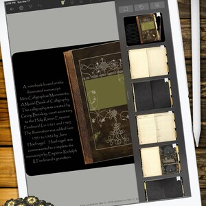 K&ouml;nnte beinhalten: Ein digitales Junk-Journal auf einem Tablet, mit dem Titel "Mira Calligraphae Monumenta." Das Journal zeigt Seiten mit Kalligraphie und Illustrationen. Das Tablet liegt auf einer Holzoberfl&auml;che, mit einem Stift und floralen Akzenten.
