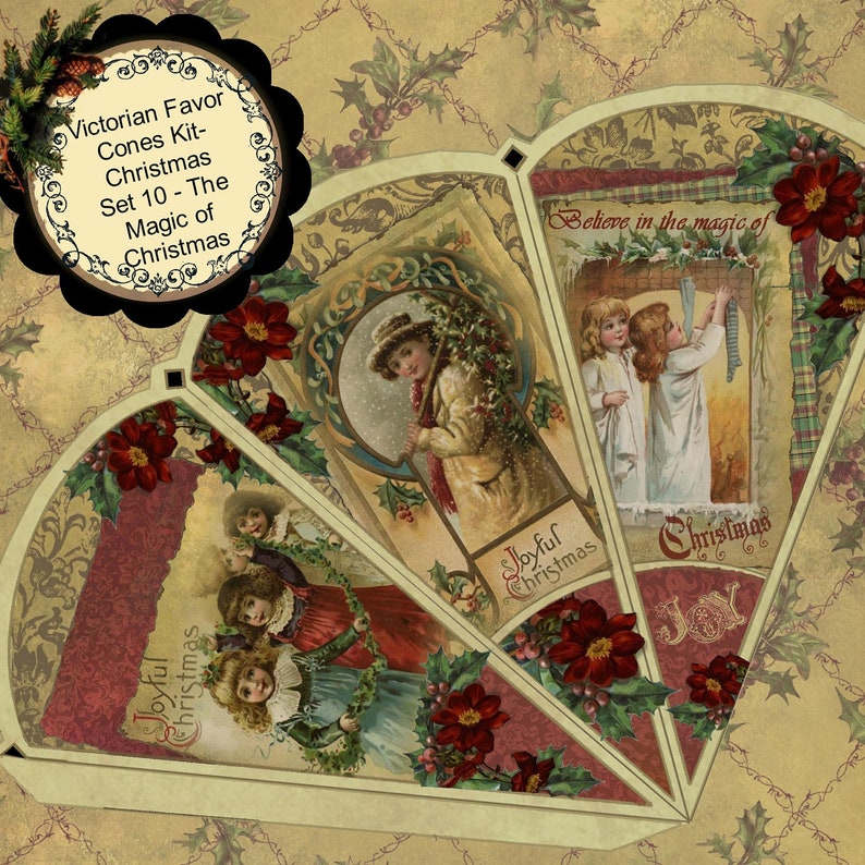 Digital Printable Christmas Victorian Favor Cone Kit Set 10 Il y a de la magie Téléchargement instantané image 3