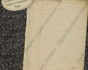 Instant Download Digital Printable Paper Aged Ledger and Notebook Pages Scrapbooking