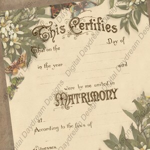 Printable Wedding Certificate Marriage Certificate Instant Download No 14 Summer Wedding Floral Butterflies Victorian Wedding Non-religious image 1