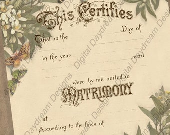 Printable Wedding Certificate Marriage Certificate Instant Download No 14 Summer Wedding Floral Butterflies Victorian Wedding Non-religious