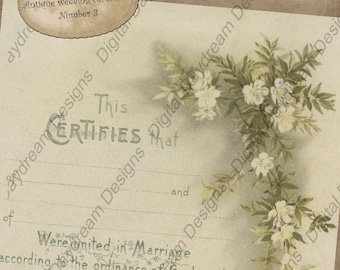 Puede incluir: Una plantilla de certificado de boda vintage con un diseño floral en la esquina superior derecha. El texto dice "Esto certifica que... se unieron en matrimonio de acuerdo con la ordenanza de Dios y las leyes de... en el... día de..."
