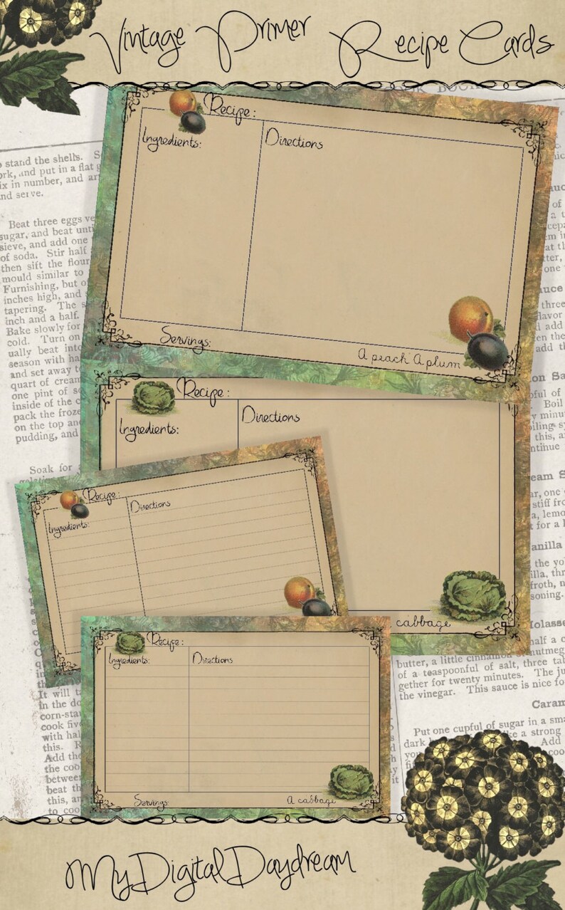 May include: Four vintage recipe cards with a green and brown background. Each card has a space for the recipe name, ingredients, directions, and servings. The cards are decorated with a peach, plum, and cabbage.