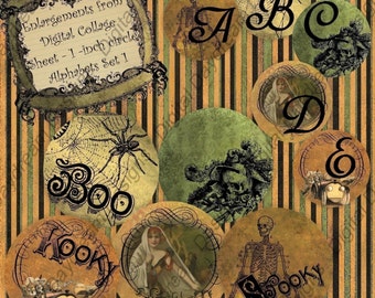 May include: A set of 10 Halloween themed digital collage sheets with various images, including a spider web, a skeleton, a skull, and a woman in a veil. The sheets are designed to be used for crafting and scrapbooking.