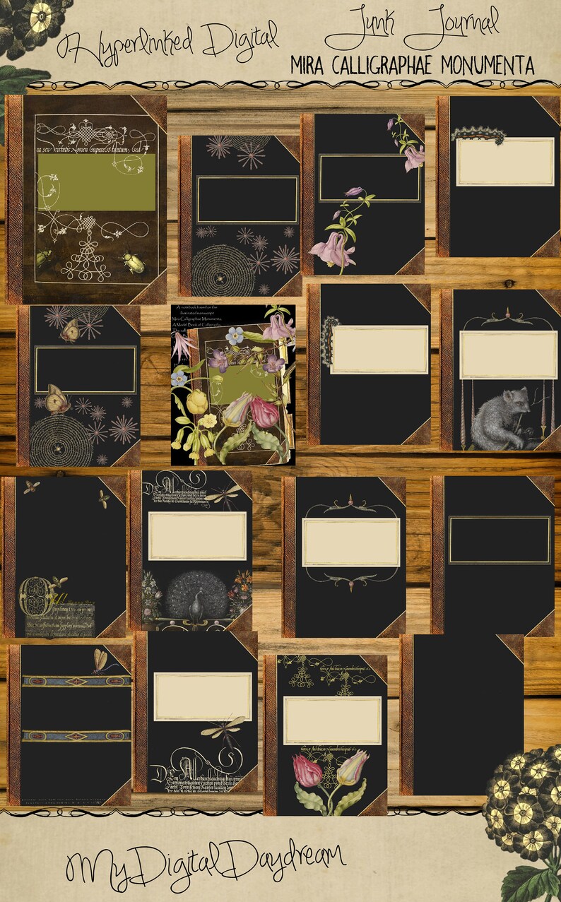 K&ouml;nnte beinhalten: Eine Sammlung digitaler Junk-Journals mit verschiedenen Designs. Jedes Journal hat einen schwarzen Einband mit dekorativem Rand und einem leeren Etikett. Einige Journale haben Blumen-, Insekten- und geometrische Illustrationen. Der Text "Hyperlinked Digital" und "My Digital Daydream" sind sichtbar.