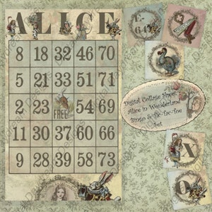 60-Card Printable Bingo Game Alice In Wonderland Instant Download Includes Tic-Tac-Toe game set image 1