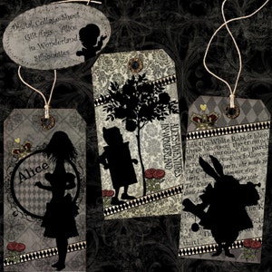 Alice im Wunderland Druckbare Geschenkanhänger Digital Download - Silhouetten