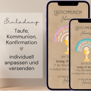 Digitale Einladung zur Erstkommunion in 2 Varianten, save the date Kommunion, für Jungen und Mädchen, Canva Vorlage, Regenbogen, blau, rosa