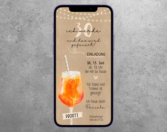 May include: A digital invitation for a 30th birthday party. The invitation features a glass of orange juice with a straw, a brown background with white lights, and the text "ich werde 30 und das wird gefeiert!"  The invitation also includes the date and time of the party, "SA, 13. Juni ab. 19 Uhr", and the location, "bei mir zu Hause".