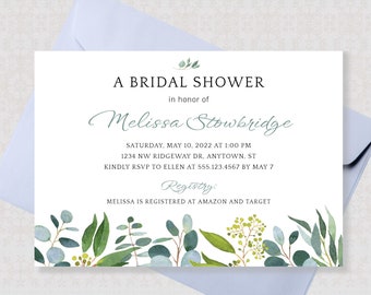 Puede incluir: Una invitación de ducha nupcial azul claro con hojas verdes de acuarela y el texto "A Bridal Shower in honor of Melissa Stowbridge" con la fecha, la hora y la ubicación del evento. La invitación también incluye el texto "Registry: Melissa is registered at Amazon and Target".