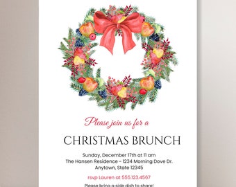 May include: A Christmas brunch invitation with a festive wreath illustration. The invitation includes the text "Please join us for a CHRISTMAS BRUNCH", the date and time of the event, the location, and contact information for RSVP.