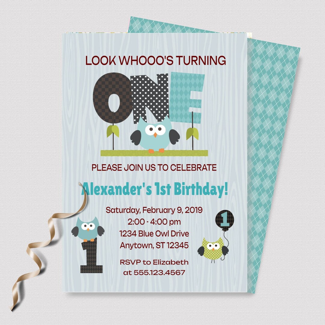 OWL FIRST BIRTHDAY Invitation Template for Boys, Printable Blue Owl 1st ...