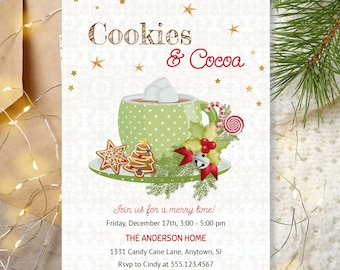 COOKIES AND COCOA Christmas Holiday Invitation Template, Printable Christmas Party Invitation, Hot Cocoa and Cookies Kids Christmas Invite