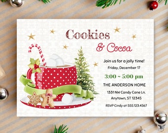 May include: A Christmas-themed invitation for a cookies and cocoa party. The invitation features a red mug with white polka dots filled with hot chocolate and marshmallows, a gingerbread man, and a small Christmas tree. The text on the invitation reads "Cookies & Cocoa", "Join us for a jolly time! Friday, December 17, 3:00 - 5:00 pm", "THE ANDERSON HOME", "1331 NW Candy Cane Ln. Anytown, ST 12345", and "RSVP Cindy at 555.123.4567".