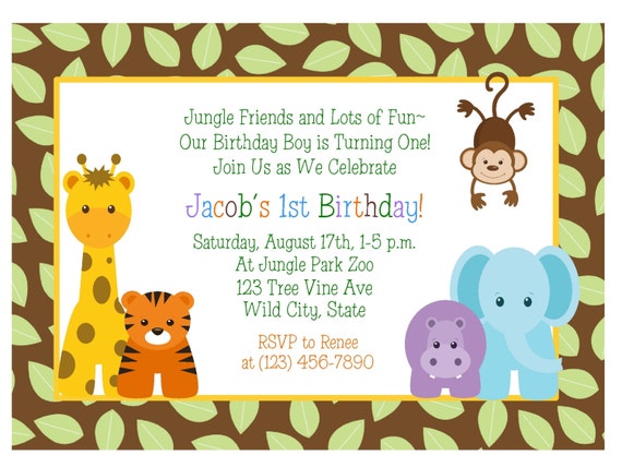 Jungle Animals 1st Birthday Invitation Baby Shower Etsy