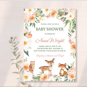 WOODLAND BABY SHOWER Invitation Template, Woodland Deer, Fox, Owl, Baby Shower Invitation, Printable Forest Animals Baby Shower Invitation