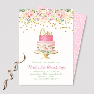 FIRST BIRTHDAY INVITATION Template Pink and Gold Glitter, Editable Girl's 1st Birthday Invitation. Pink and Gold Floral, Boho Shabby Chic