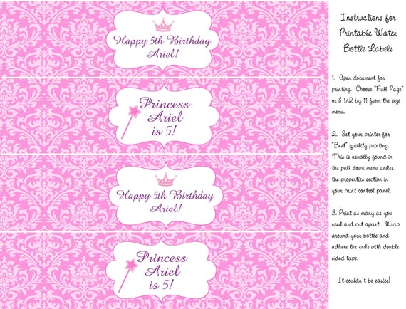 Items similar to Princess Party Water Bottle Labels/ DIY Printable Digital File/ Personalized ...