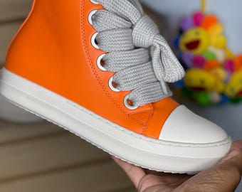 Rick Owens style, Thick shoe laces high top Sneaker Trend Rockstar Streetwear fashion Streetstyle